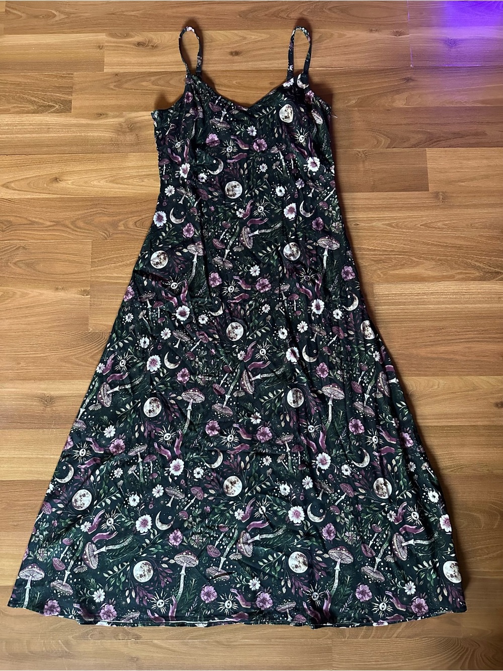 Hot Topic Cosmic Aura Dark Green & Purple Moon Mushroom Slip Dress